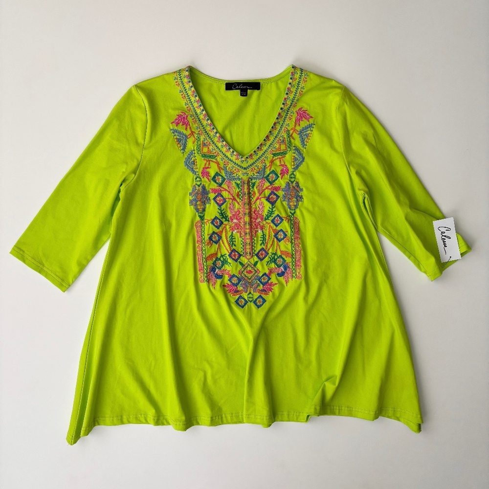 Calessa Nwt Lime Green Embroidered V-Neck 3/4 Sleeve A-Line Tunic Top